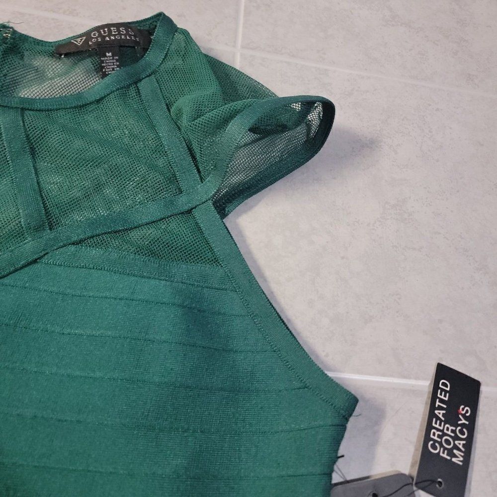 Guess Womens Green Cap Sleeve Sheer Neck Back Zip Short Bodycon Dress Medium - Picture 4 of 9